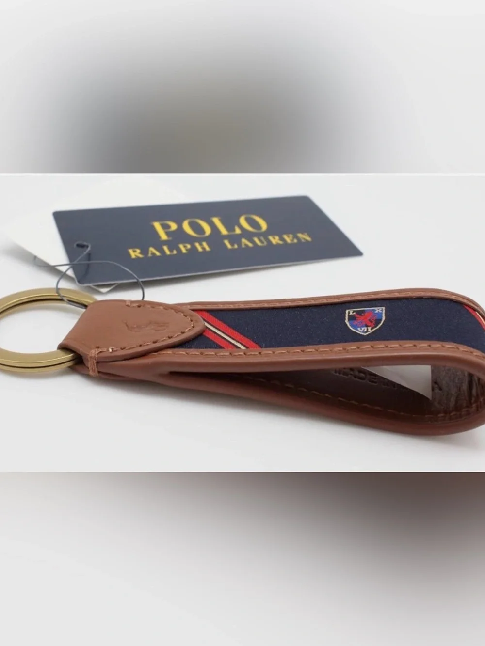 NEW Polo Ralph Lauren Leather & Navy Blue Silk CREST Key Ring Keychain - TAN